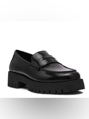 Steve Madden Langsten Black Leather Penny Loafer Sz 7.5 Lug Sole NWOB